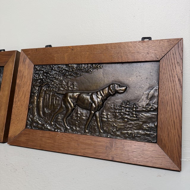 Wood Antique Metal Bas-Reliefs with Hunting Dogs, 1900s, Set of 2 For Sale - Image 7 of 12