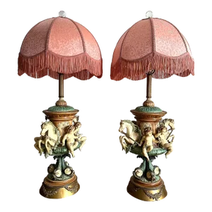 1960s Capodimonte Italian Porcelain Table Lamp Angels Cherubs - a Pair