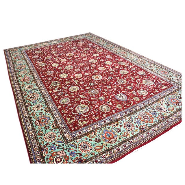 Persian Antique Persian Tabriz Pahlavi Wool 12x16 Red, Teal, & Ivory Handmade Area Rug #9902164 For Sale - Image 3 of 8