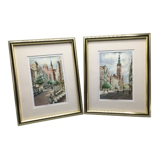 Original Watercolor of St. Mary's Church in Gdańsk, Poland and Framed Watercolor Clock Tower Old Town Gdańsk Poland - A Pair For Sale