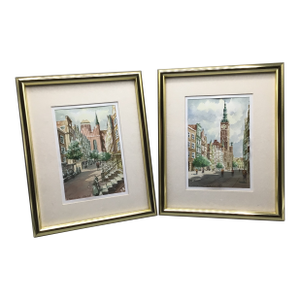 Original Watercolor of St. Mary's Church in Gdańsk, Poland and Framed Watercolor Clock Tower Old Town Gdańsk Poland - A Pair