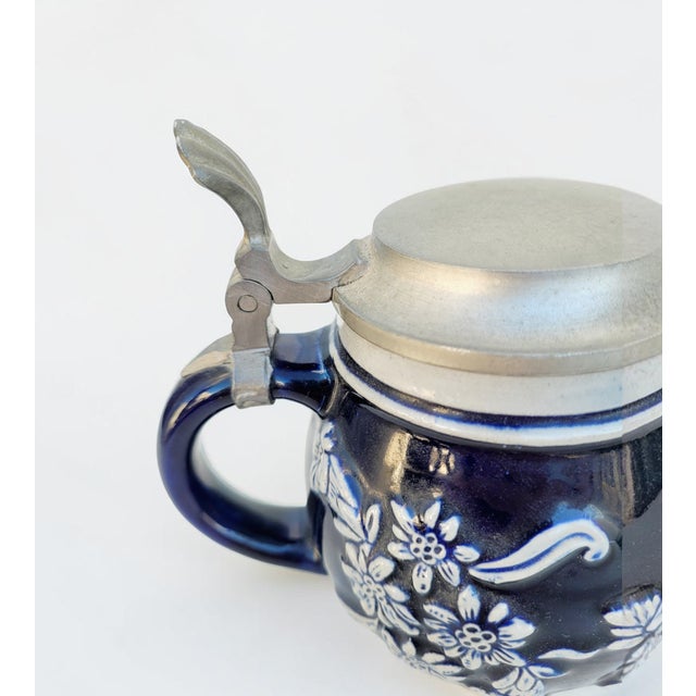 Mid-Century German Cobalt Blue Relief Stein with Pewter Lid, 1940s-1950s For Sale - Image 6 of 12