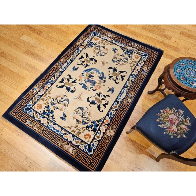 Art Deco Vintage Chinese Art Deco Area Rug, Hand-Knotted Wool Pile, Ivory Field, 5' X 7' For Sale - Image 3 of 12