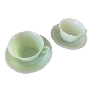 Vintage 1940’s Jadeite Pair “Alice” Floral Green Milk Glass Teacups With Plates! - 4pcs For Sale