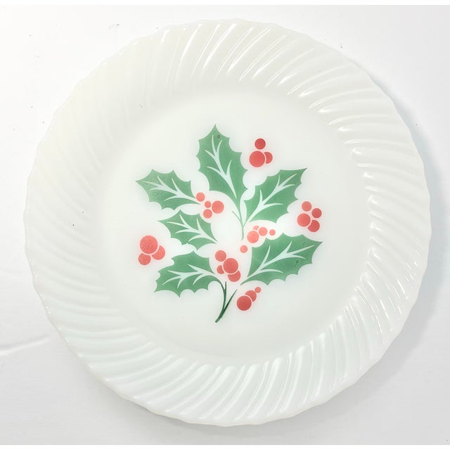1970s Vintage 40-Piece Milk Glass Dinnerware Set Service 8 Holly Christmas For Sale In Dallas - Image 6 of 7