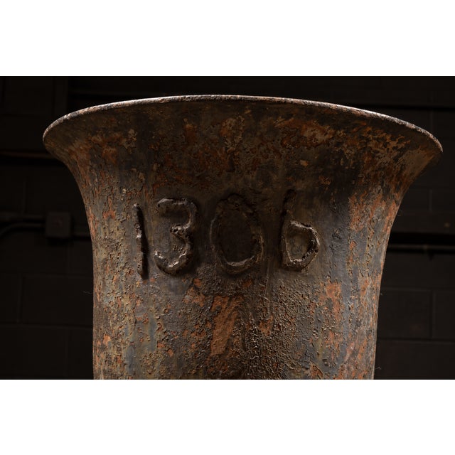 Metal Large Antique Cast Iron Garden Urn Planters For Sale - Image 7 of 9