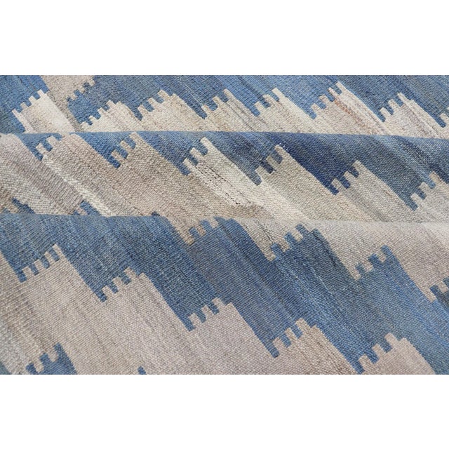 Hand Woven Flat-Weave Kilim Rug With a Modern Design in Blue and Creams For Sale - Image 12 of 13