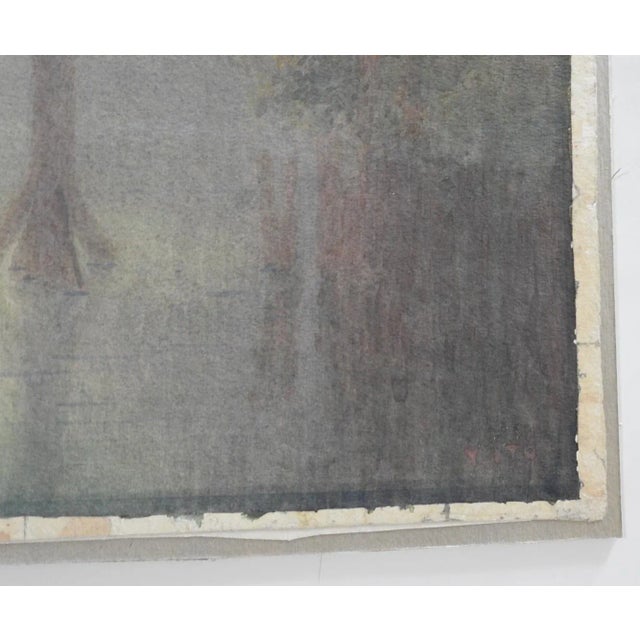 Circa 1930's watercolor on paper by Yuhan Ito (Japan). Scene of fog covered lake with lantern and willow tree. Signed...