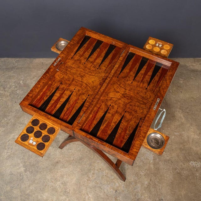 Vintage English Burr Walnut Folding Backgammon Table by Dunhill, 1960 For Sale - Image 3 of 18