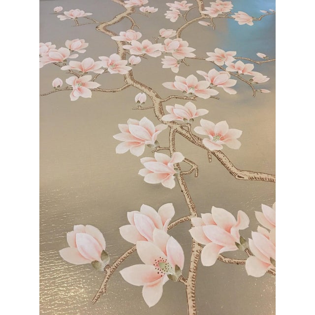 Hand‑Painted Champagne Gold Leaf Chinoiserie Mural, Pink Magnolia Blossom Wall Panel For Sale - Image 4 of 9