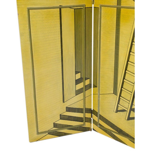 A fantastic, one-sided, hand painted screen after Piero Fornasetti. A wonderfully surreal, architectural, Escher-esque...