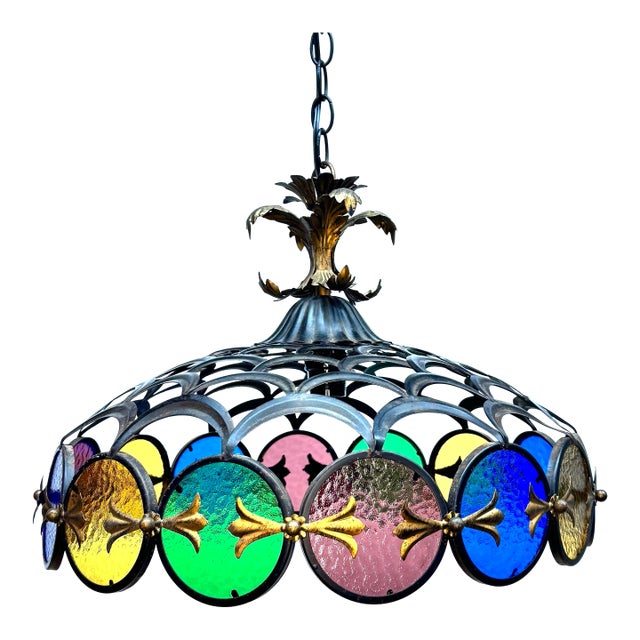 1960s Italian MidCentury Colored Glass and Iron Hanging Fixture For Sale