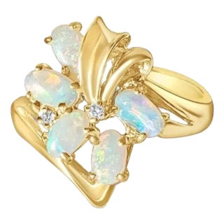 Oval Opal Cluster Diamond Ring 14k Yellow Gold, Size 3 For Sale