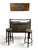 Vintage bar unit consisting of a main cabinet and a matching wall cabinet, with two stools. The cabinet is made of teak...