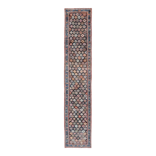 Antique Hamadan Runner With All-Over Tribal Design in Jewel Tones 3'5 X 18'8 For Sale