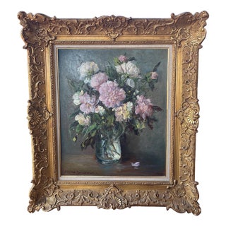 Victor Zolnierowicz, Still Life with Peonies, 1950s, Oil Painting on Canvas, Framed For Sale