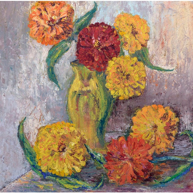 Modern Mid Century Modern Impasto Zinnia Floral Still Life by Nona Beck Linneman For Sale - Image 3 of 5