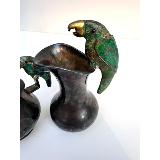 Los Castillo Signed Mexican Silver Plate Cream & Sugar With Lapis Birds - A Pair For Sale - Image 11 of 12