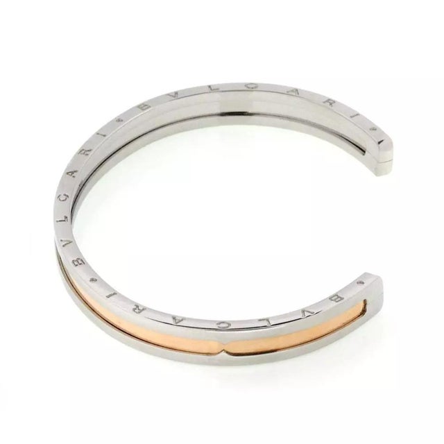 Contemporary Bvlgari Bulgari B Zero-1 Steel 18k Rose Gold Engraved Cuff Bracelet For Sale - Image 3 of 5