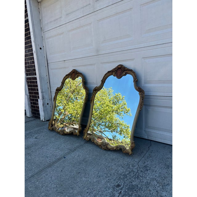 Pair of Vintage French Provincial Rococo Style Wall Mirrors Hollywood Regency Ornate Gold Frames For Sale - Image 4 of 9