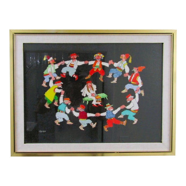 1960s Lithograph Print by Jovan Obican Titled "Jewish Wedding" Framed Signed For Sale