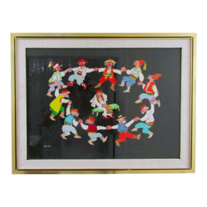 1960s Lithograph Print by Jovan Obican Titled "Jewish Wedding" Framed Signed