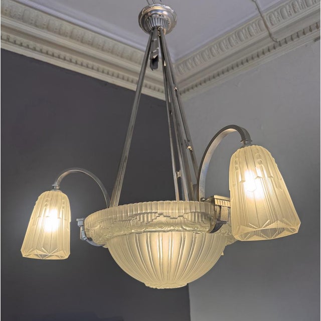 Art Deco Chandelier in Nickel-Plated Bronze by Georges Leleu Jehel, 1930 For Sale - Image 12 of 18
