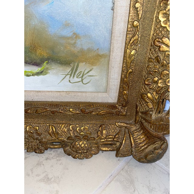 Orange Large Vintage Floral Oil Painting on Canvas Signed by Artist Alex With Ornate Gilded Frame For Sale - Image 8 of 11