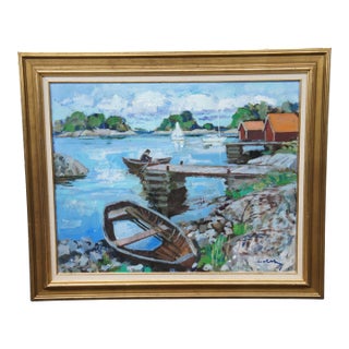 20th Century Impressionist Oil on Canvas Dockside Seascape Painting Framed 40" For Sale