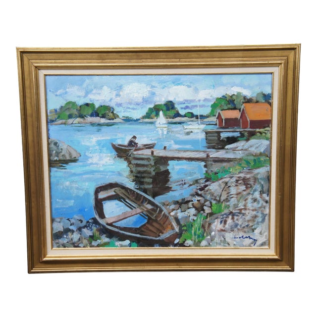 20th Century Impressionist Oil on Canvas Dockside Seascape Painting Framed 40" For Sale