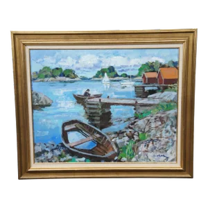 20th Century Impressionist Oil on Canvas Dockside Seascape Painting Framed 40"