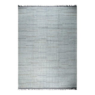 9x12 Ivory Hand-Knotted Wool Linear Gridwork Geometric Modern Carpet Rug For Sale