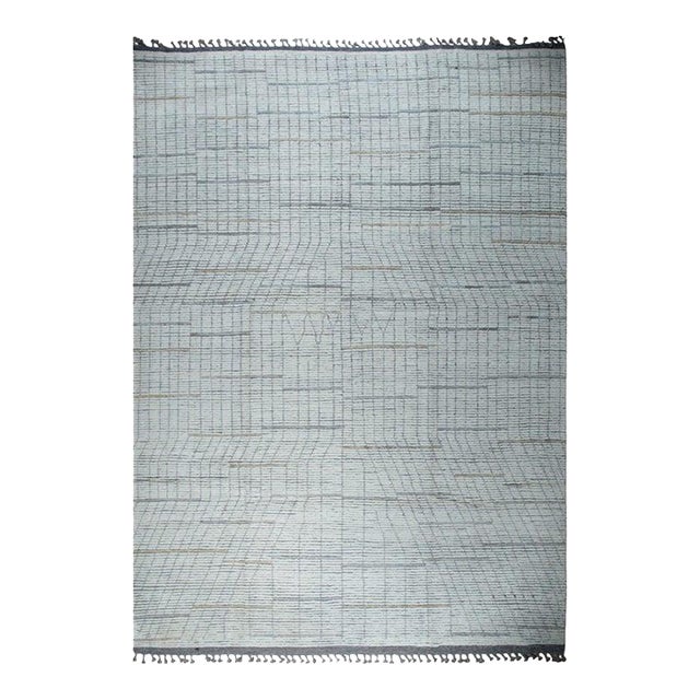 9x12 Ivory Hand-Knotted Wool Linear Gridwork Geometric Modern Carpet Rug For Sale