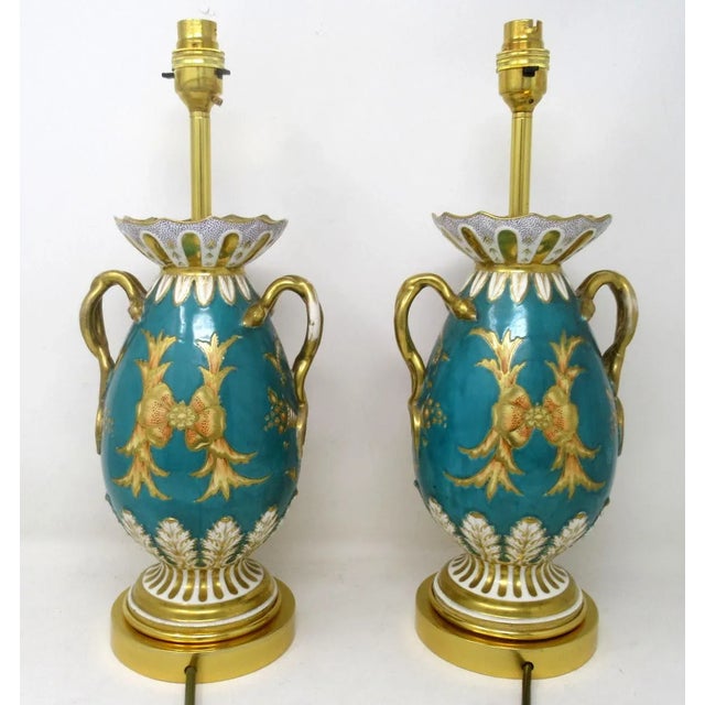 Ceramic Antique Pair English Staffordshire Porcelain Table Lamps Ridgway or Rockingham For Sale - Image 7 of 13