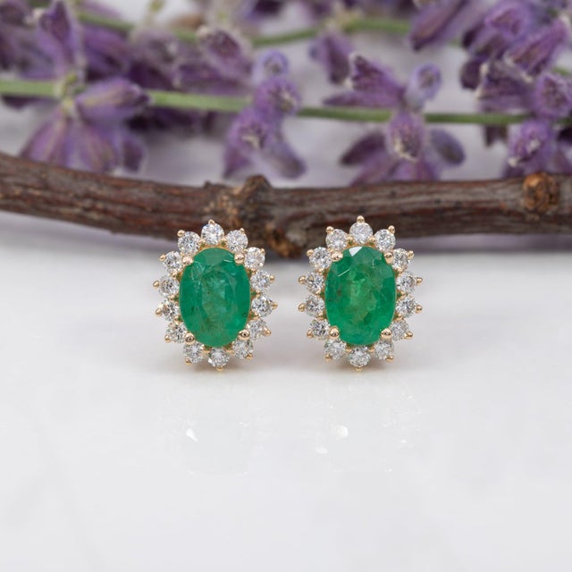 Modern 1.8Ct Zambian Emerald Earrings With Diamond Accents in Solid 14k Gold, 7x5mm, Pair For Sale - Image 3 of 7