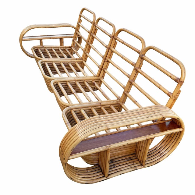 Restored 1940s Rattan Six-Strand Shelf Arms Sofa and Chair Set For Sale - Image 10 of 11