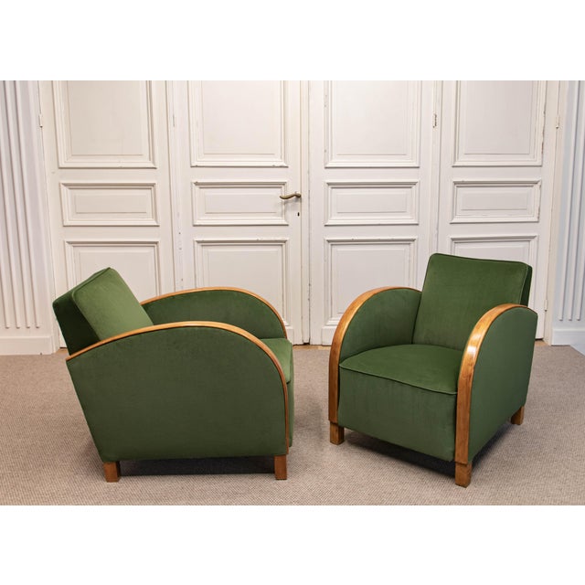 Vintage Green Velvet Lounge Chairs with Wooden Arm Overlays, Sweden, 1930, Set of 2 For Sale - Image 6 of 15