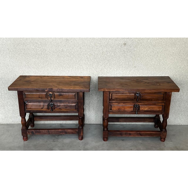 20th Century Pair of Spanish Nightstands with Two Drawers and Iron Hardware For Sale - Image 10 of 18