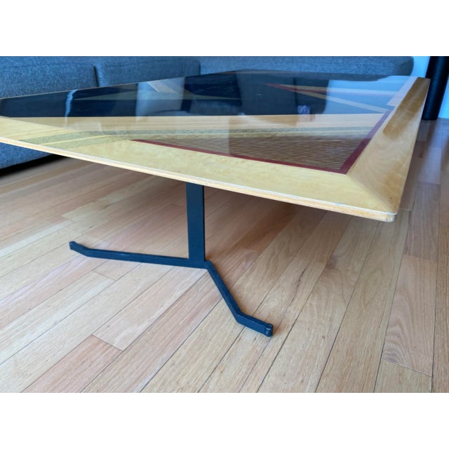 Rare Giovanni Offredi for Saporiti Italian Coffee Table - Geometric Dyed Wood Veneer Top & Sculptural Iron Base For Sale - Image 10 of 13