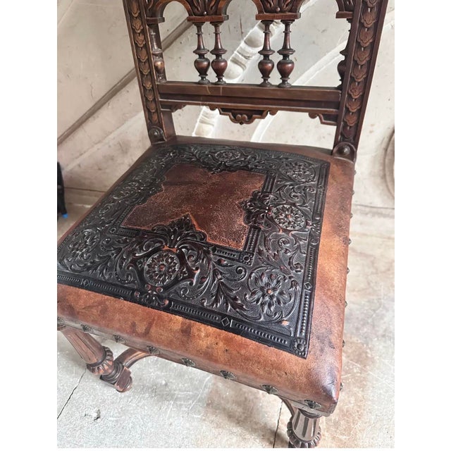 Brown Antique French Henri I| Walnut & Leather Dining Chair, Lion Carvings, Loire Valley, 1880 For Sale - Image 8 of 9