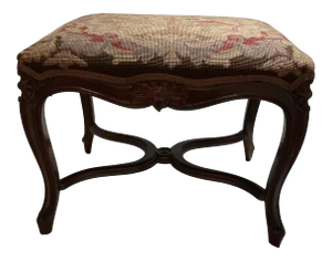 Antique French Hand Carved Walnut Bench With Needlepoint Seat