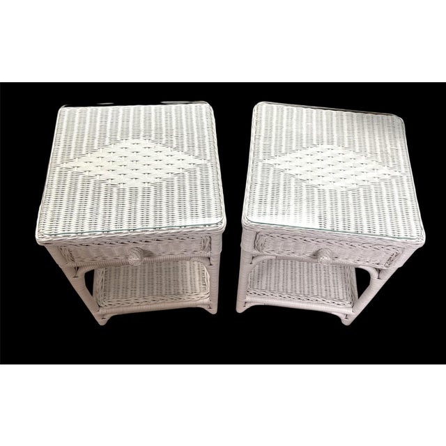 Shabby Chic 1970s Wicker Warehouse White Rattan Nightstands - A Pair For Sale - Image 3 of 13