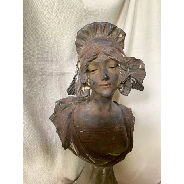 Art Nouveau Antique French Art Nouveau Cast Iron Bust of a "Coquette" After Pablo Rigual For Sale - Image 3 of 13