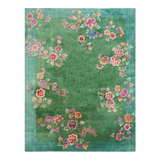 1920s Green Floral Modern Antique Chinese Art Deco Rug 8' 8"x11' 4" Handknotted Wool Carpet For Sale