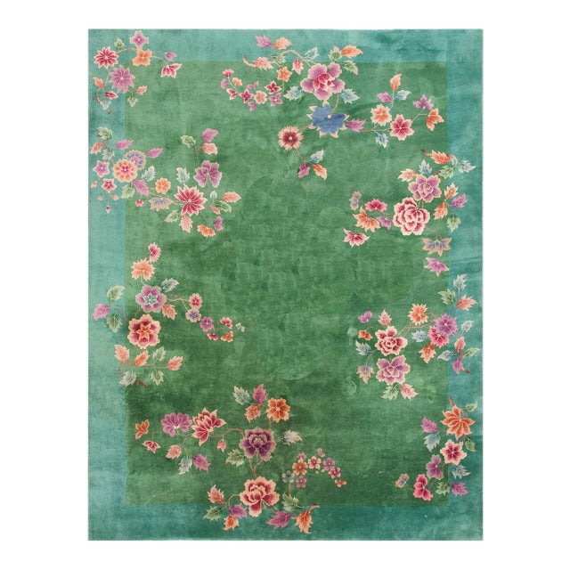 1920s Green Floral Modern Antique Chinese Art Deco Rug 8' 8"x11' 4" Handknotted Wool Carpet For Sale