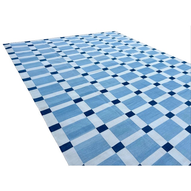 Sky Blue Handwoven Cotton Area Rug, Vegetable Dyed, Sky Blue and White Geometric Dhurrie - 12'x15' For Sale - Image 8 of 10
