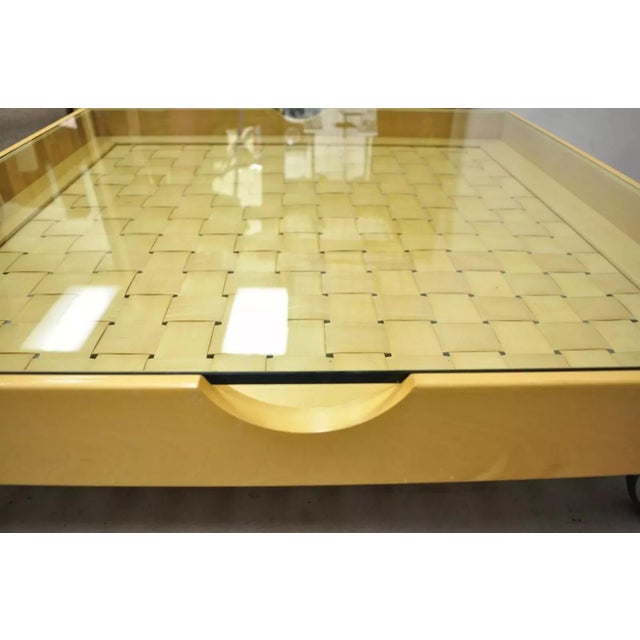 Modern Modern Basketweave Factory Cart Coffee Table on Wheels With Glass Display Top For Sale - Image 3 of 12