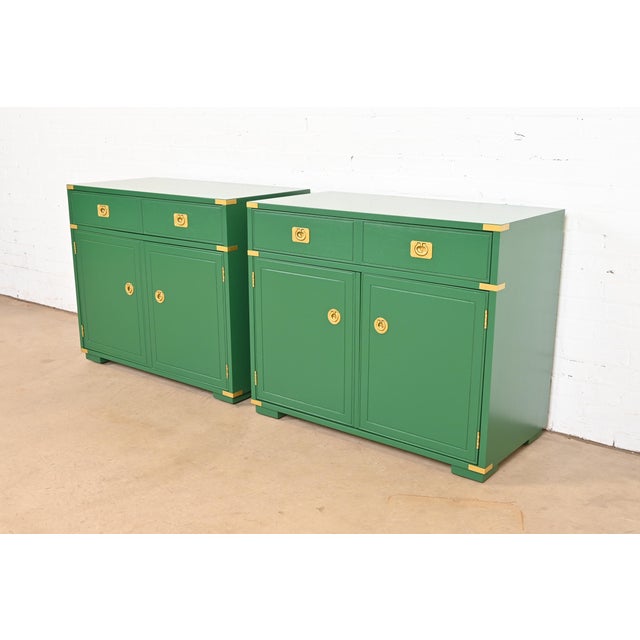 Thomasville Mid-Century Hollywood Regency Campaign Green Lacquered Bar Cabinets, Newly Refinished For Sale - Image 13 of 13