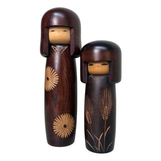 Vintage Kokeshi Dolls by Usaburo, 1980s, Set of 2 For Sale