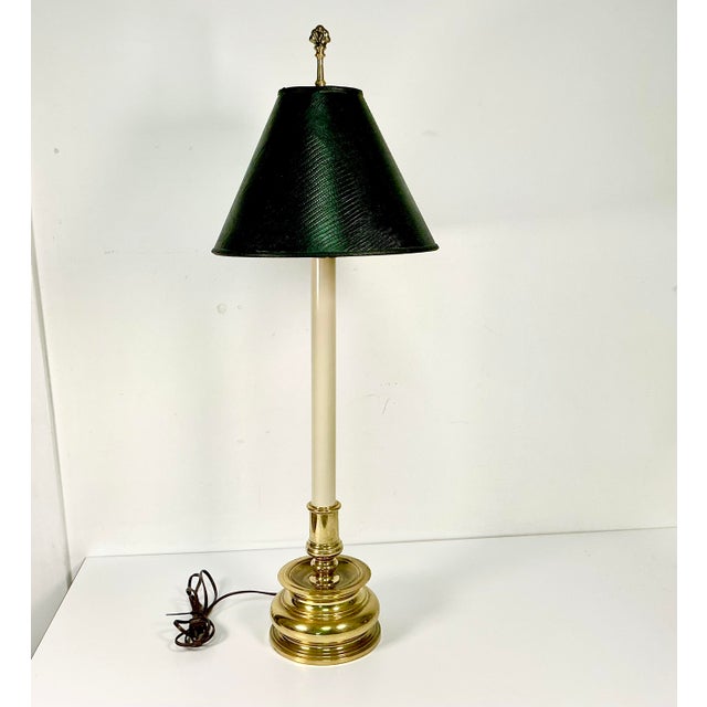 French Mid-Century French Regency Neoclassical Candlestick Table Lamp & Reptile Embossed Black Shade For Sale - Image 3 of 13
